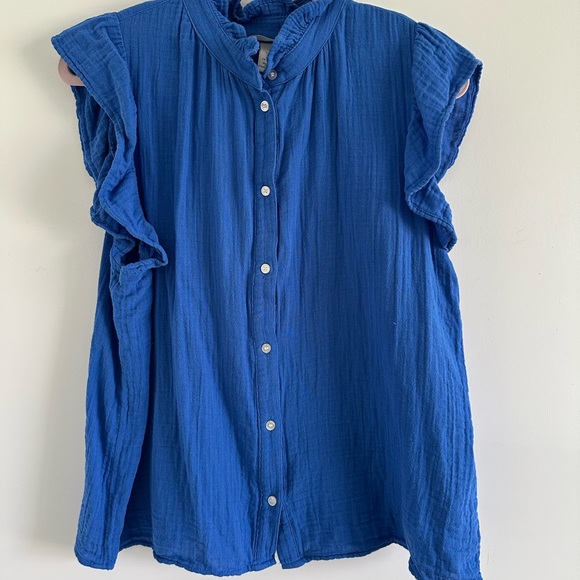 H&M Tops - H&M Royal Blue Ruffle Sleeve Button-Down Top in Soft Muslin Cotton